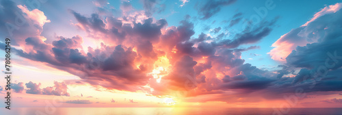 Beatiful sunset sky with clouds, sun, daylight, vanilla sky, sky on fire, blue red orange © Nicolae