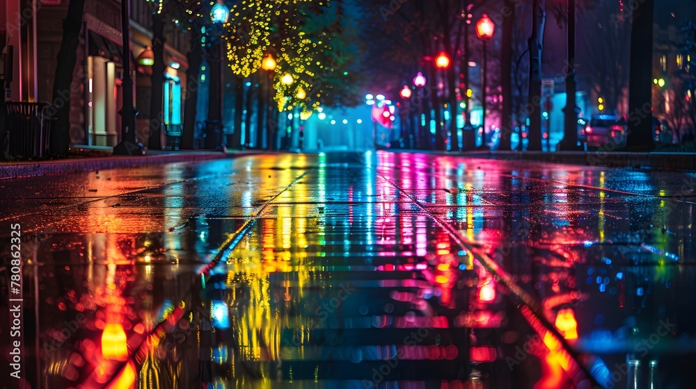 A brightly lit, empty street at night, with colorful lights reflecting off the wet pavement, creating an atmosphere of loneliness and introspection.