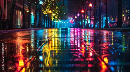 A brightly lit  empty street at night  with colorful lights reflecting off the wet pavement  creating an atmosphere of loneliness and introspection.