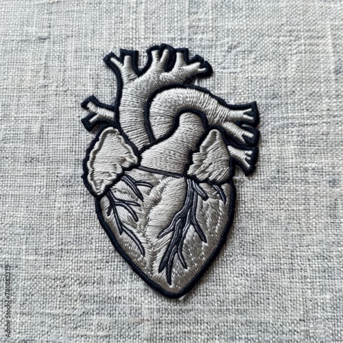 Embroidered anatomical heart patch in grayscale on a textured fabric background. Decorative applique for clothing and accessories