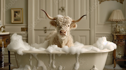 Highland Cow Enjoying a Bubble Bath, Comical Luxury Bathroom Scene