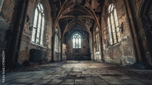 Interior of an old church with a stone floor and large windows. Suitable for religious or historical themed projects