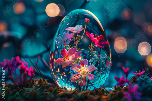 Background with glass egg in which there are spring flowers
 photo