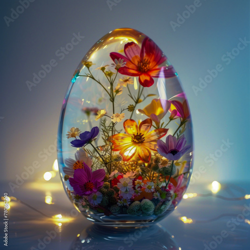Background with glass egg in which there are spring flowers 