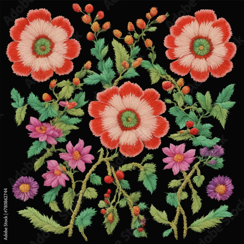Vector traditional hungarian embroidery. Bright floral ornament on black background
