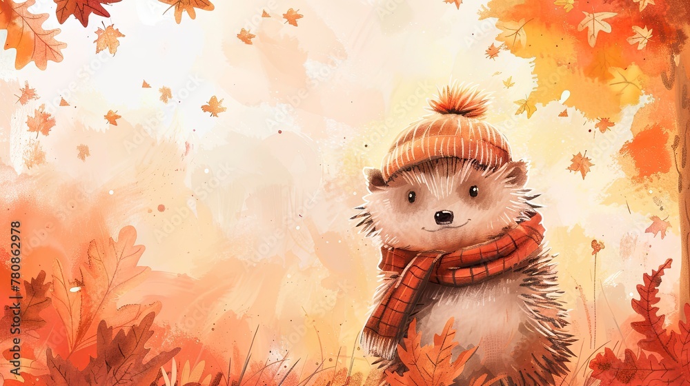 watercolor cute little hedgehog wearing a red scarf and hat. The image shows a fall scene with leaves on the ground with copy space