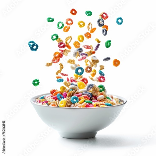 A bowl filled with cereal, spilling over with flakes. Perfect for breakfast concepts © Fotograf