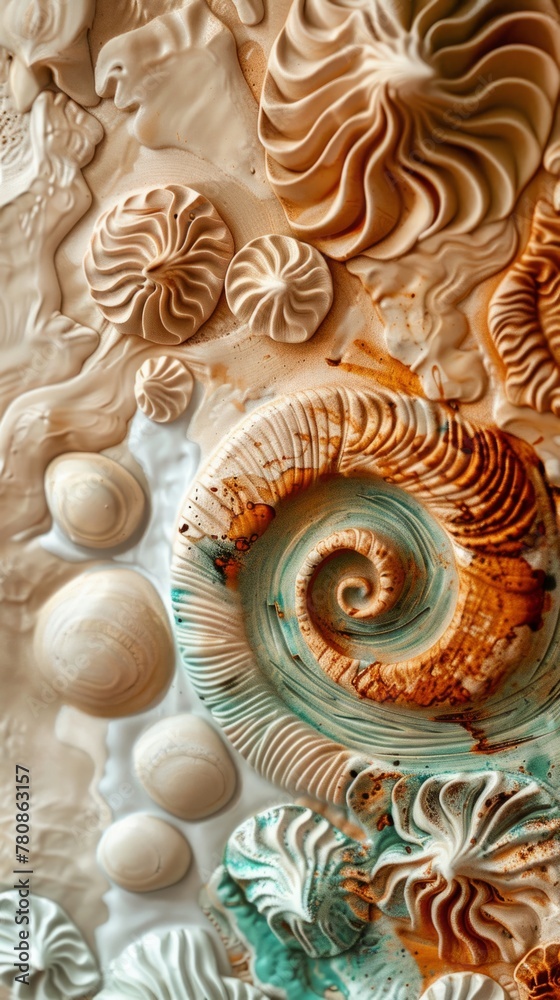 Intricate seashell and spiral carvings with beige and turquoise accents on textured surface. Vertical close-up photography of decorative wall art. Artistic relief pattern for design and interior decor Intricate seashell and spiral carvings with beige and turquoise accents on textured surface. Vertical close-up photography of decorative wall art. Artistic relief pattern for design and interior decor