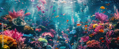 A vibrant coral reef teeming with colorful fish. Perfect for marine life enthusiasts