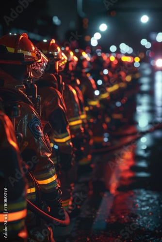 A group of firemen standing together  suitable for firefighting concepts