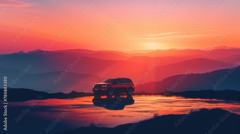 Car at sunset in the mountains, surrounded by nature. AI generative. Car at sunset in the mountains, surrounded by nature. AI generative.