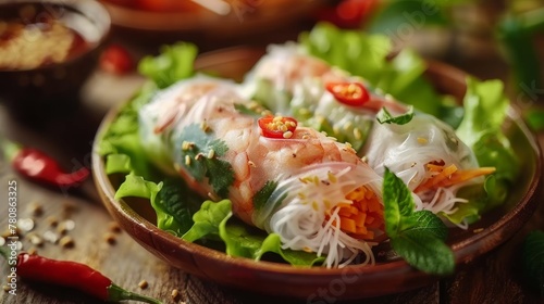 Vietnamese dish Nam ran. Spring rolls in rice paper stuffed with vegetables with rice and chicken inside.