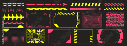 Gaming neon frames. Abstract shapes in trendy y2k style. Geometric elements with futuristic shapes, frames and backgrounds. 