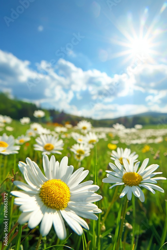 Daisies in sunny meadow under blue sky
