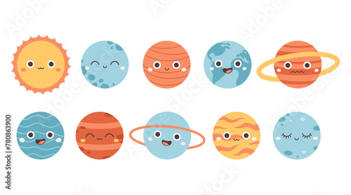 Collection of cute cartoon planets. Solar System. Earth Day, Save planet. Vector illustration in flat style