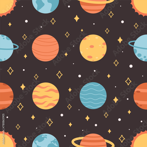 Seamless pattern with planets, space and stars. Vector illustration in flat style