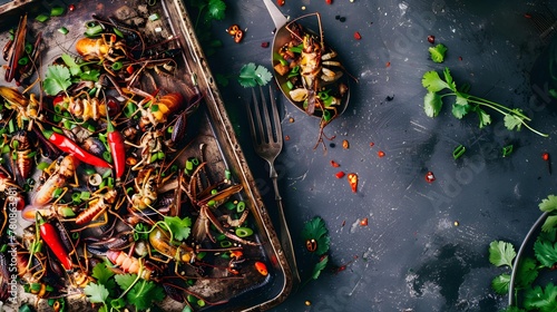 Overhead shot of tray with cooked insects and bugs photo