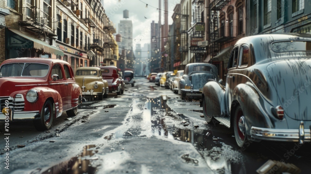 Urban scene with vintage cars, ideal for automotive or city-themed projects