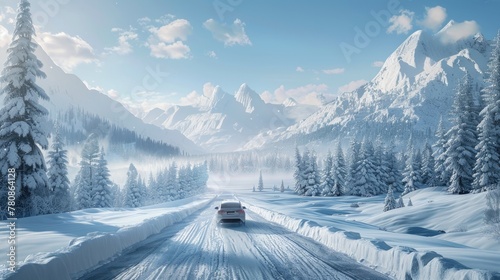 A car driving down a snow-covered road, suitable for winter driving concept © Fotograf