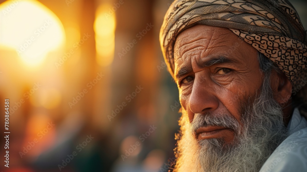 Portrait of an elder with a contemplative gaze, wearing a traditional headscarf, illuminated by the warm sunset light. A dignified representation of wisdom and cultural reverence.