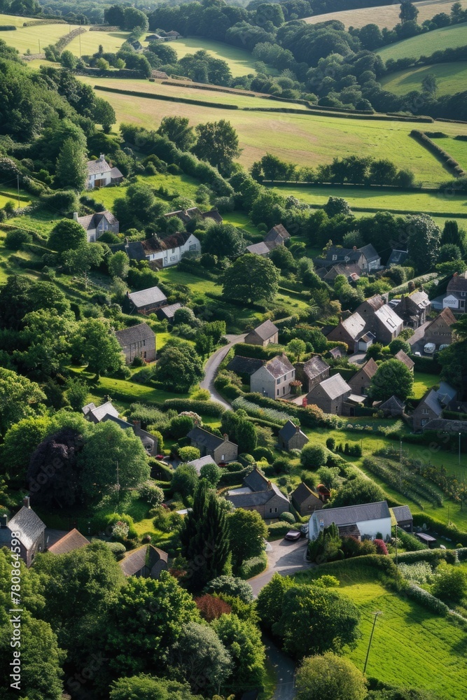 Aerial view of a quaint countryside village. Ideal for travel or real estate concepts