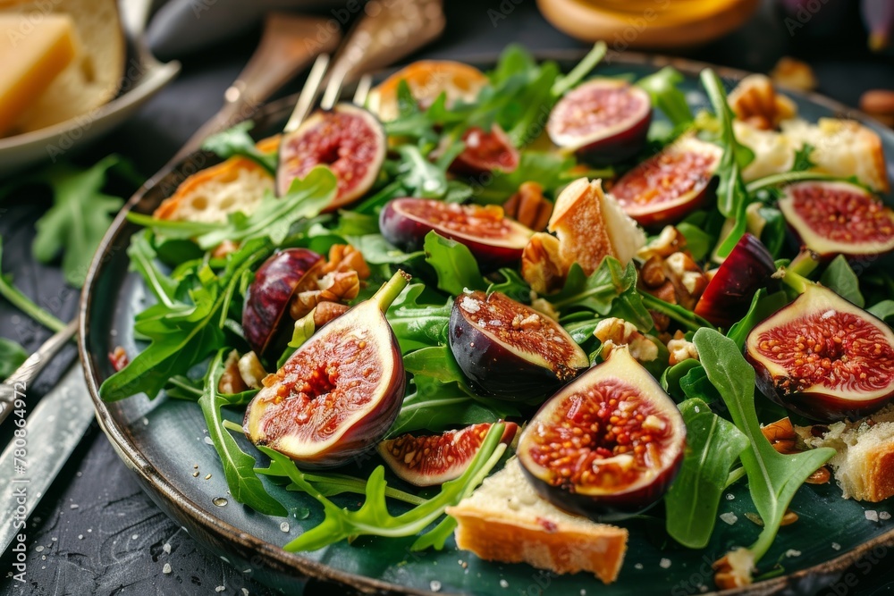 Salad with figs, arugula, olive oil on a black plate and black background