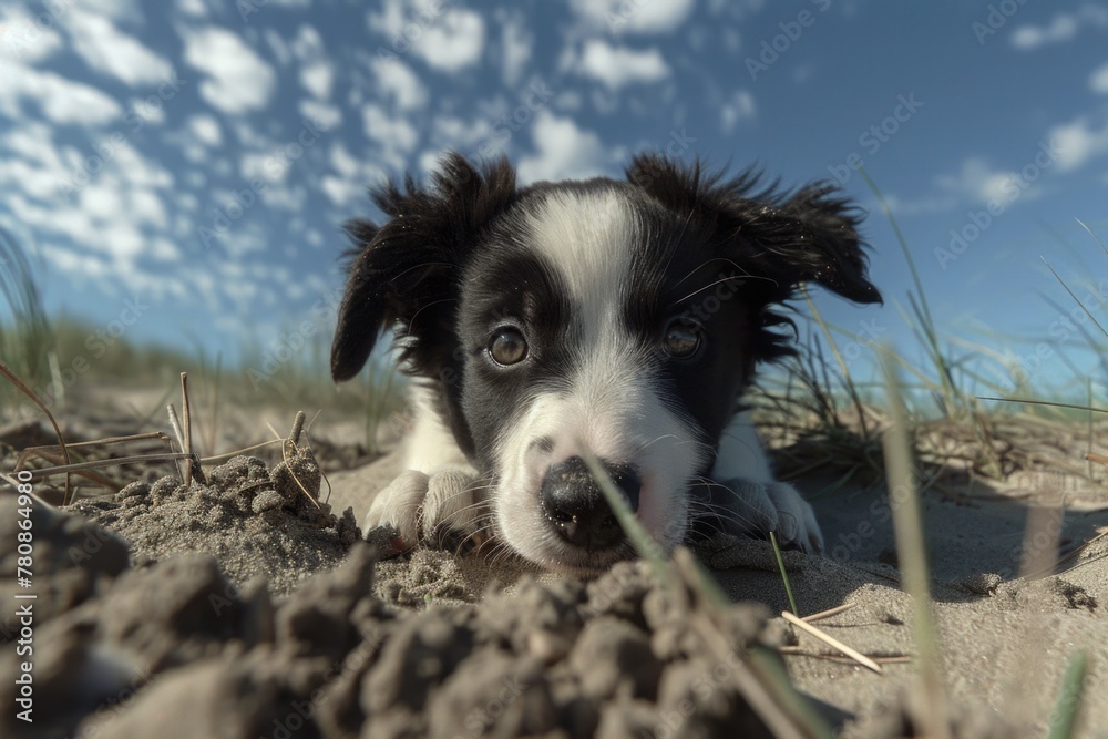A black and white dog peacefully laying in the sand. Suitable for pet care and relaxation concepts