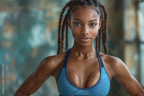 A fit black woman with braided hair in a tracksuit, ready for sports. A concept dedicated to health and fitness. Design for gym promotions, fitness-related content, and personal training services