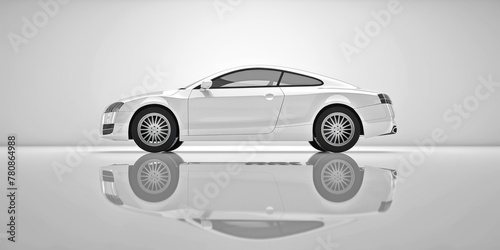 A sleek white sports car parked on a shiny reflective surface. Suitable for automotive industry promotions