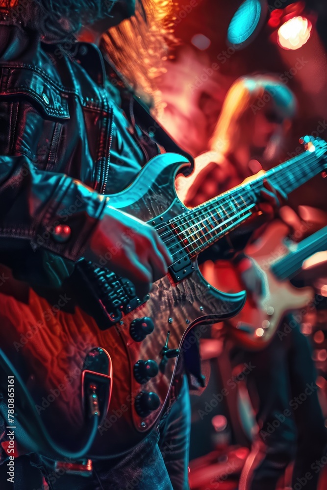 Obraz premium A man playing a guitar on stage at a concert. Perfect for music events promotion