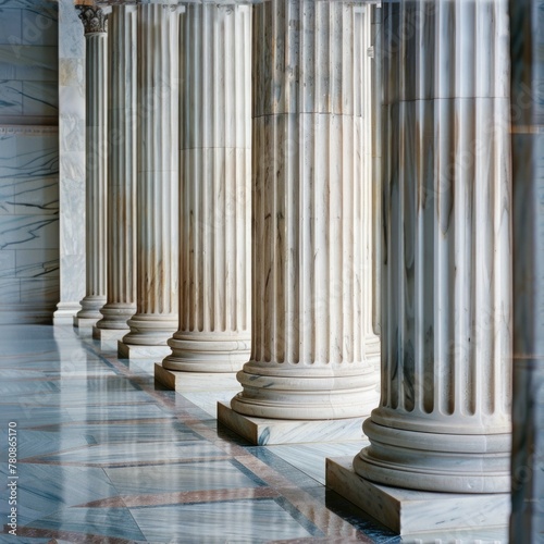 Rows of white marble pillars in a grand building, ideal for architectural projects.