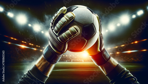 Soccer goalkeeper hold the ball in a Football stadium, Generative Ai