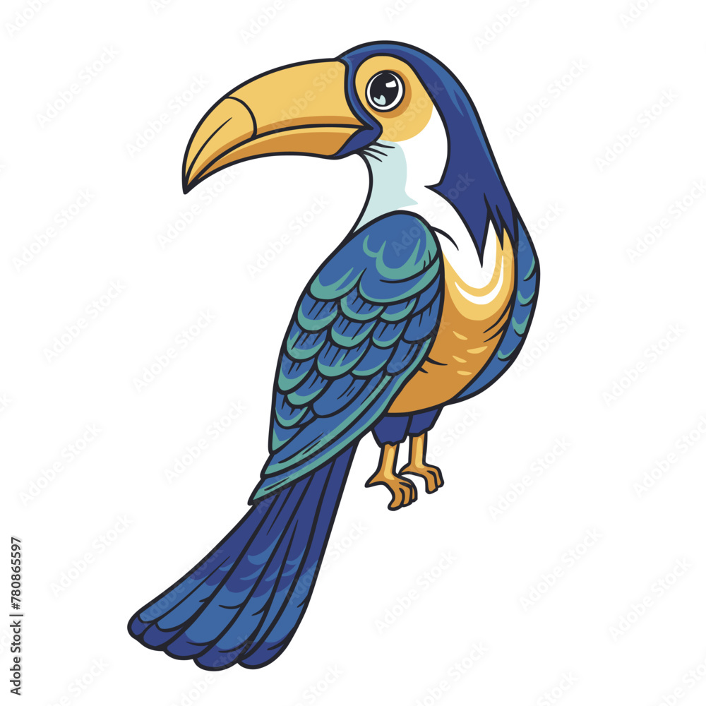 Naklejka premium Exotic toucan or tropical bird with big beak and colorful feathers for summer beach design of paradise jungle