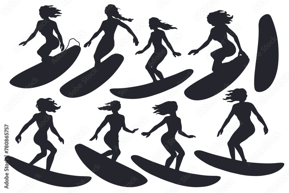 Set of black silhouettes of surfers on surfboards summer ocean elements for design of extreme beach life. Girl surfer, woman on surf boards for surfing or sea sport. Tropical exotic female design