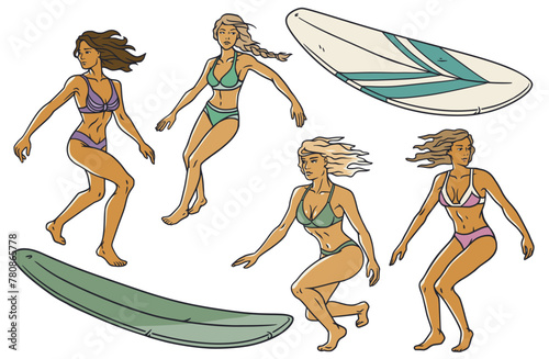 Extreme girl surfer set on surfboards for design of summer beach life. Active woman on surf boards and wave for surfing or sea sport. Tropical exotic beach female collection for ocean design