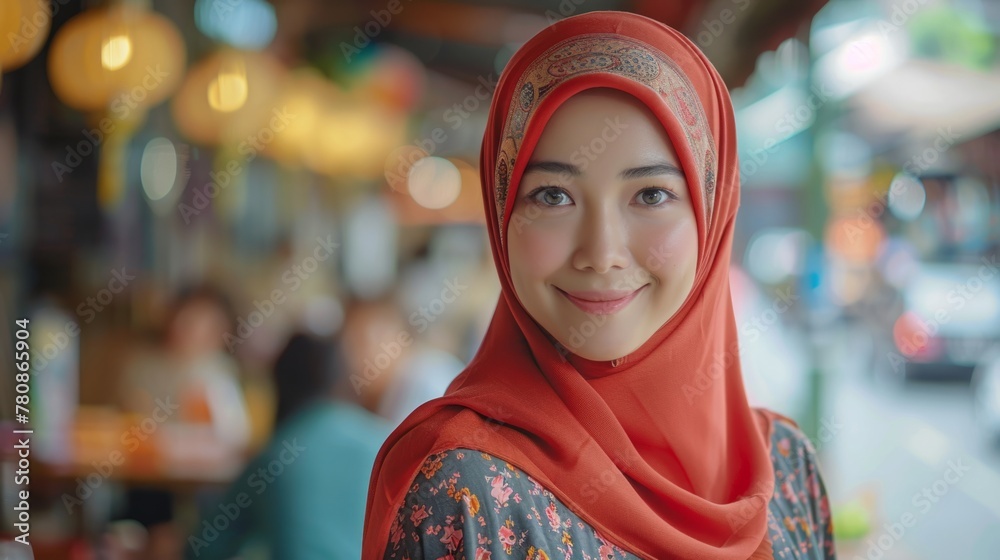 Portrait of a smiling woman wearing a red hijab in a bustling street market setting. Cultural diversity and modern lifestyle concept. Design for fashion editorials, cultural articles