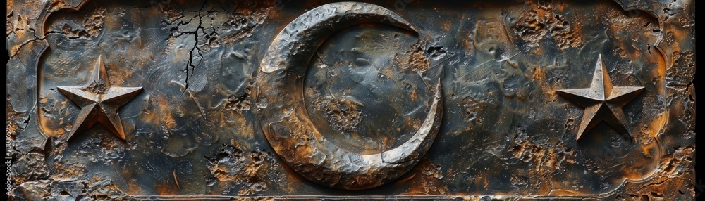 Crescent and stars emblem on rusty metal background. Islamic culture and heritage concept. Design for print and decoration