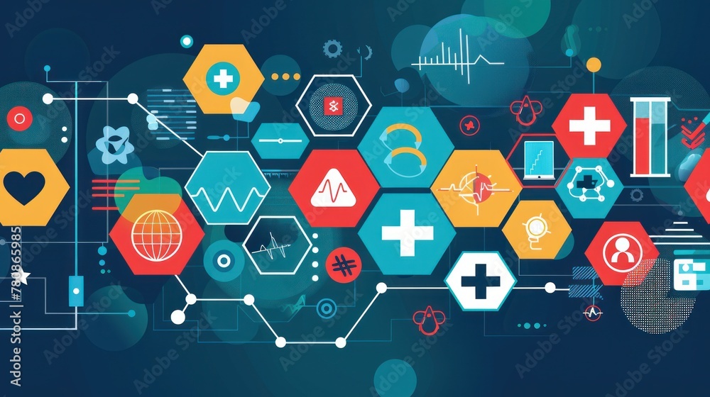 This abstract geometric background merges medical themes with flat icons and symbols This abstract geometric background merges medical themes with flat icons and symbols