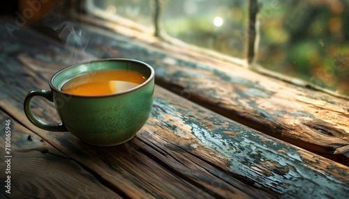 A smoking hot cup of delicious tea situated on top of an old rustic, yet charming wooden table photo