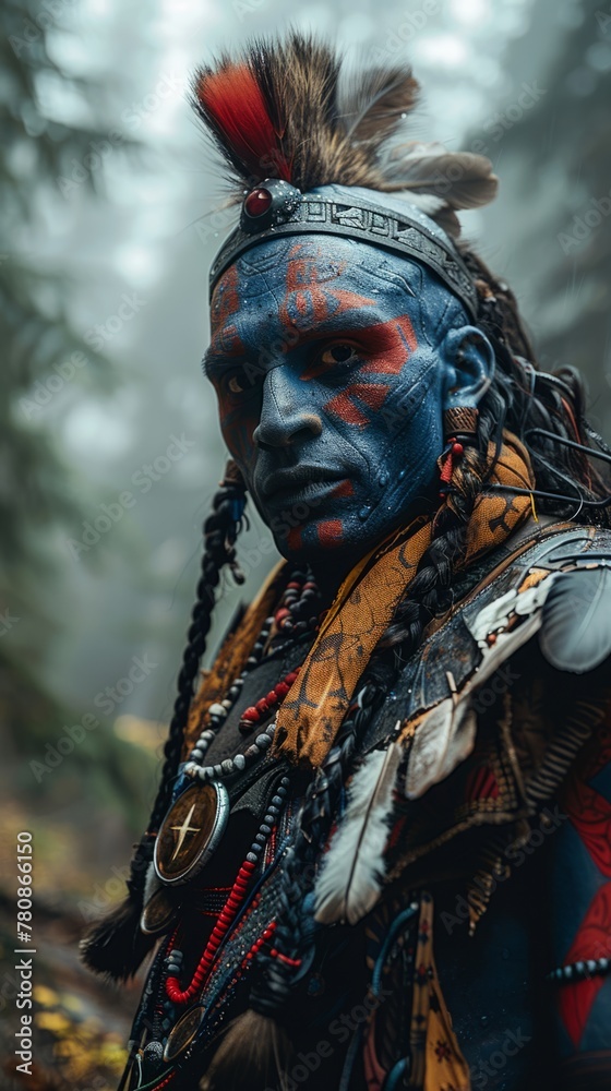 Portrait of a man with traditional tribal face paint and headdress in a forest setting. Expression of indigenous culture and identity. Design for cultural exhibitions, heritage studies, and anthropolo Portrait of a man with traditional tribal face paint and headdress in a forest setting. Expression of indigenous culture and identity. Design for cultural exhibitions, heritage studies, and anthropolo