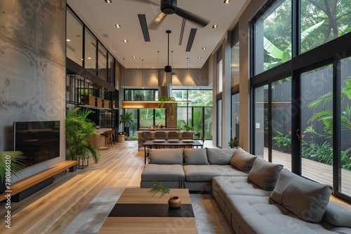 Modern living space with industrial design elements  high ceilings  and lush garden views. AI Generated.