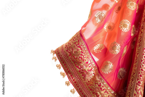 Traditional Red Sari Fabric with Golden Embroidery - Isolated on White Transparent Background, PNG 