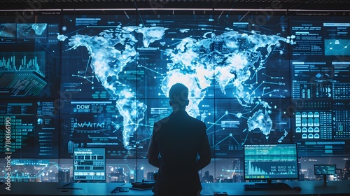 A cybersecurity expert analyzing a large holographic display of a network being attacked by malware, with dynamic maps and threat data visualizations surrounding them.
