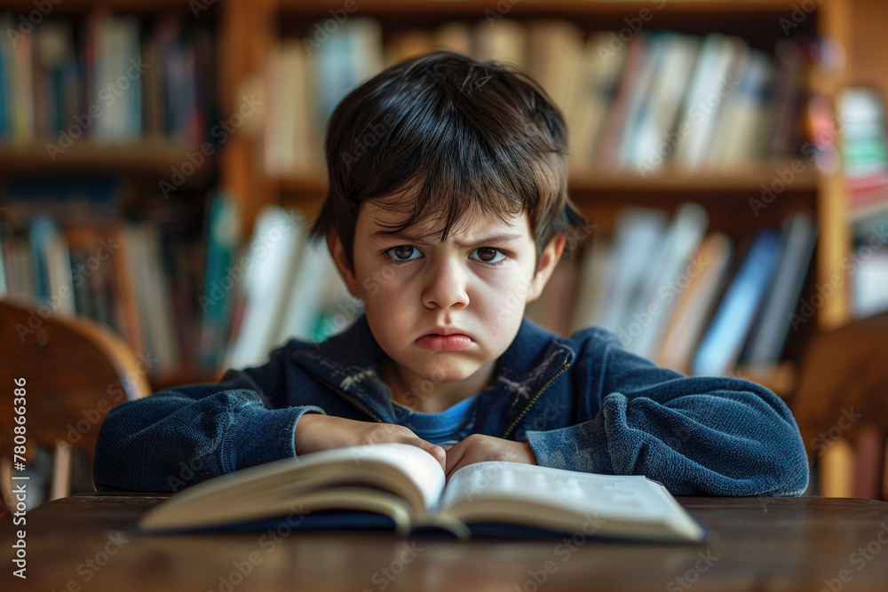 Little Boy with a Frown Reading a Book at a Table Little Boy with a Frown Reading a Book at a Table