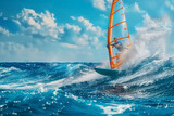 A windsurfer glides with agility on the crests of blue ocean waves, the sail bright against the sea spray. AI Generated.