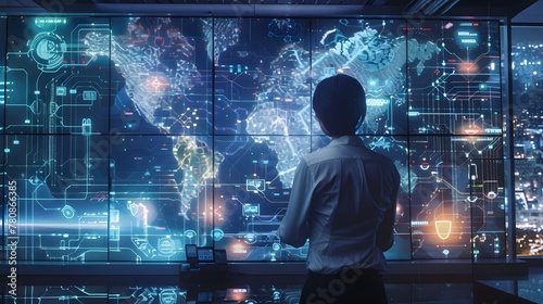 A cybersecurity expert analyzing a large holographic display of a network being attacked by malware, with dynamic maps and threat data visualizations surrounding them.