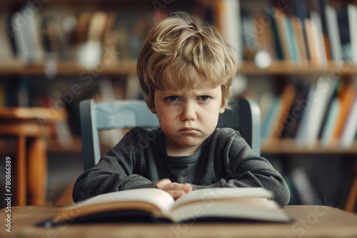 Little Boy Frowning While Sitting With a Book Indoors