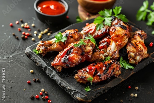 Grilled chicken wings with spicy red sauce