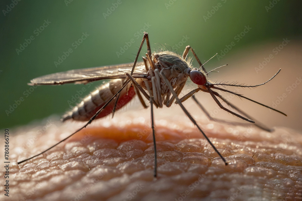 Mosquito on human shoulder. The mosquito is brown and red. Mosquito drinks blood - macro shot Mosquito on human shoulder. The mosquito is brown and red. Mosquito drinks blood - macro shot