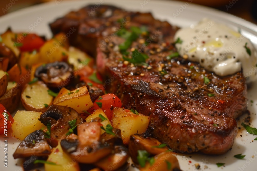Grilled steak with pepper sauce mushrooms roasted American potatoes and homemade mayo